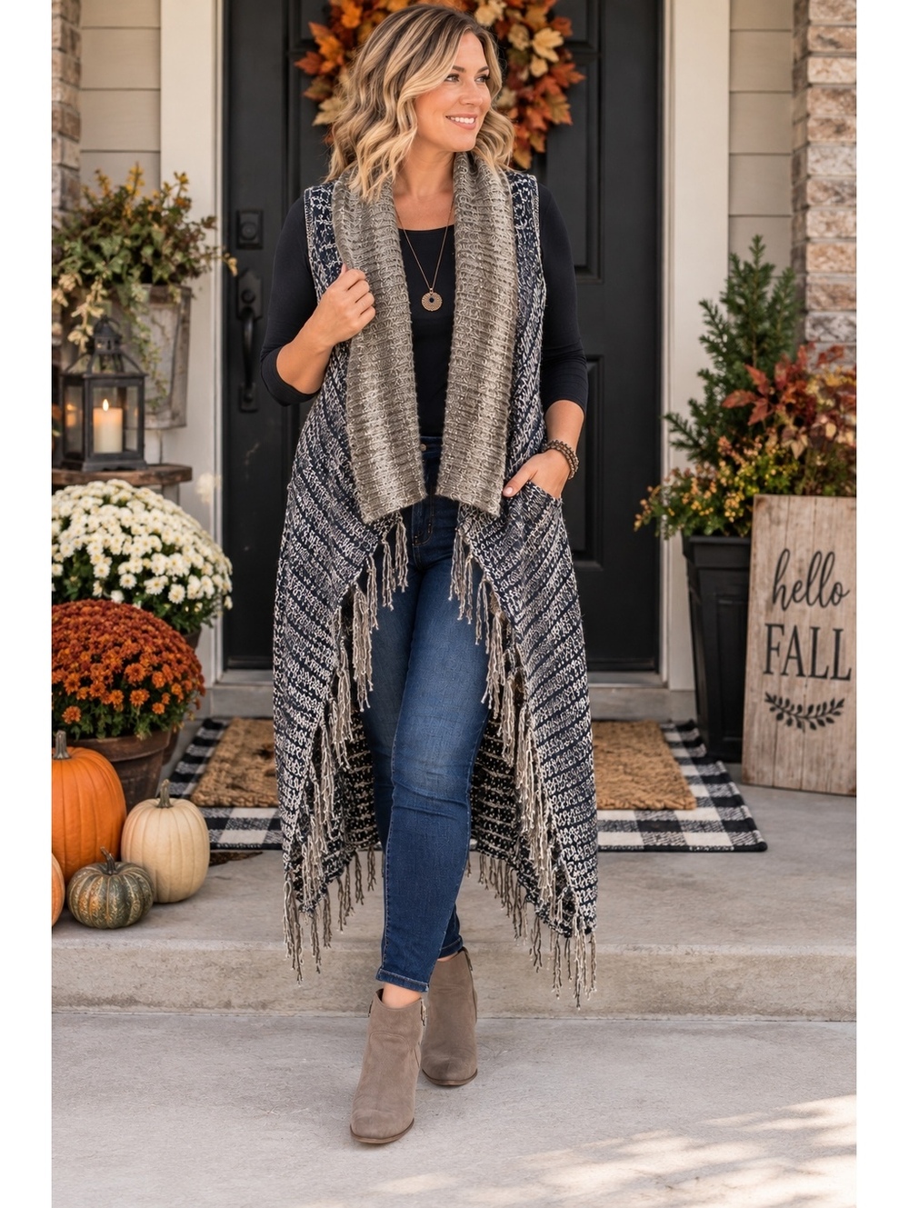 1257 Mystree One Size Knit Sleeveless Open Front Cardigan Vest w Fringe A0001257